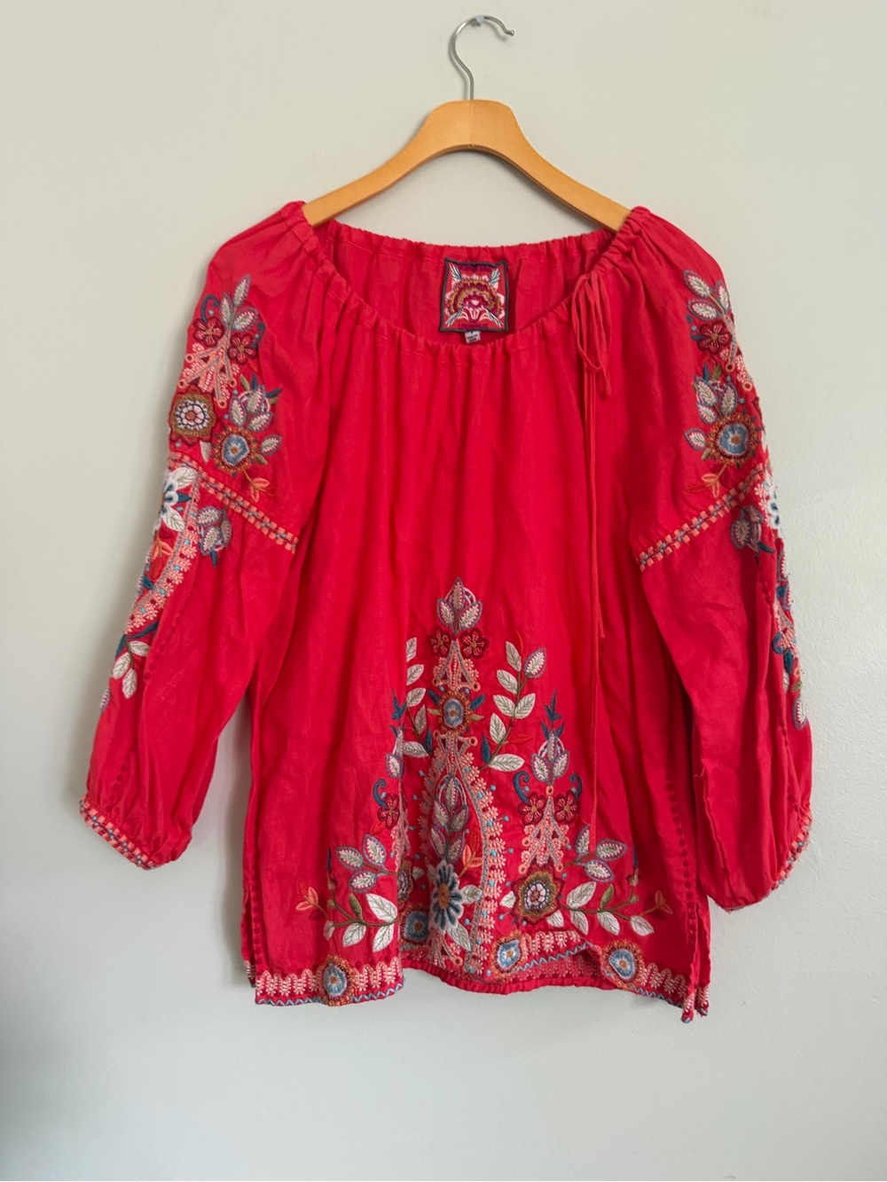 Johnny Was Maisie Peasant Tie Embroidered Blouse Linen Boho Coral Size Small - Picture 8 of 16